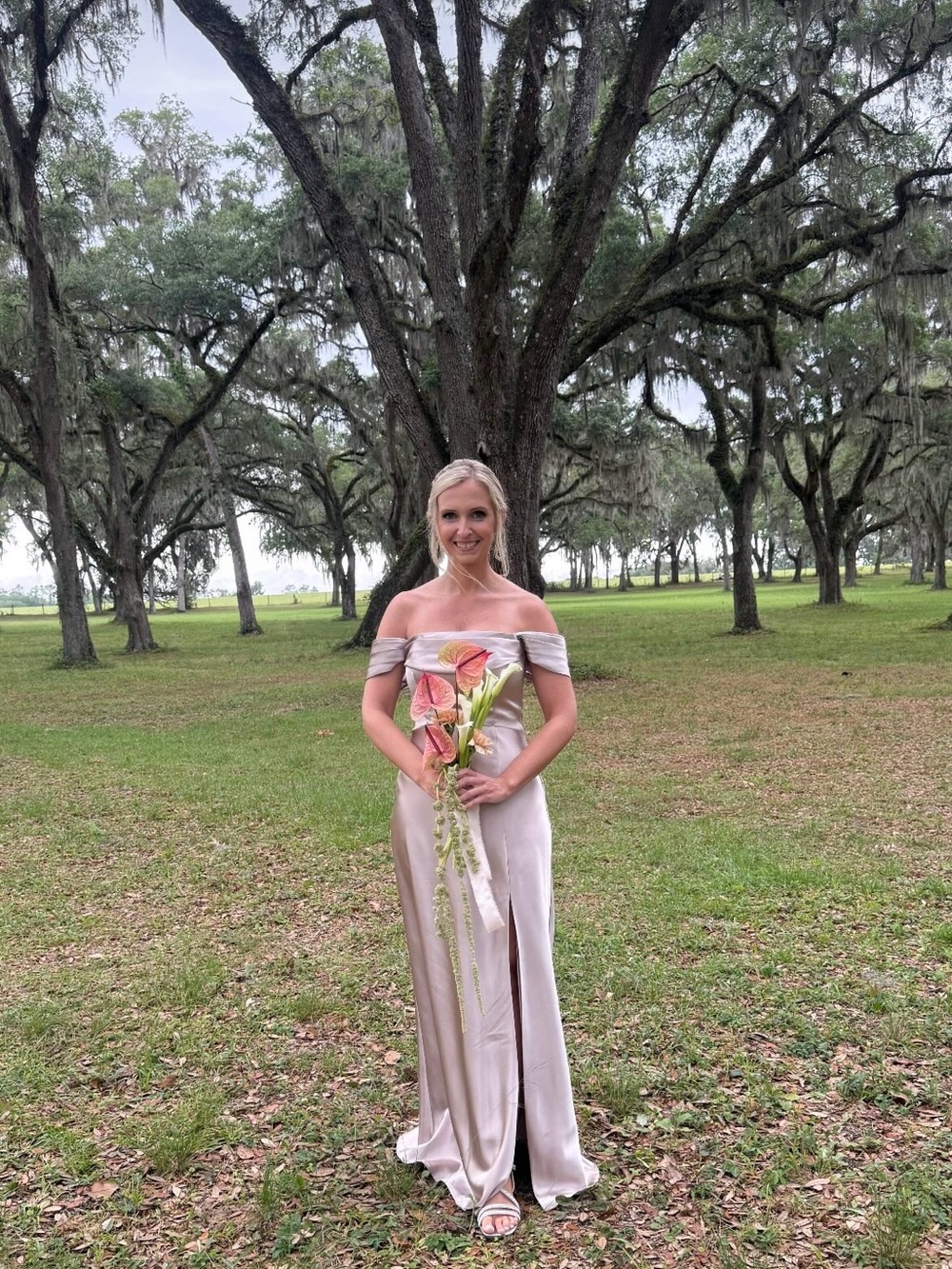 Birdy Grey Satin Off-Shoulder Dress in Blush